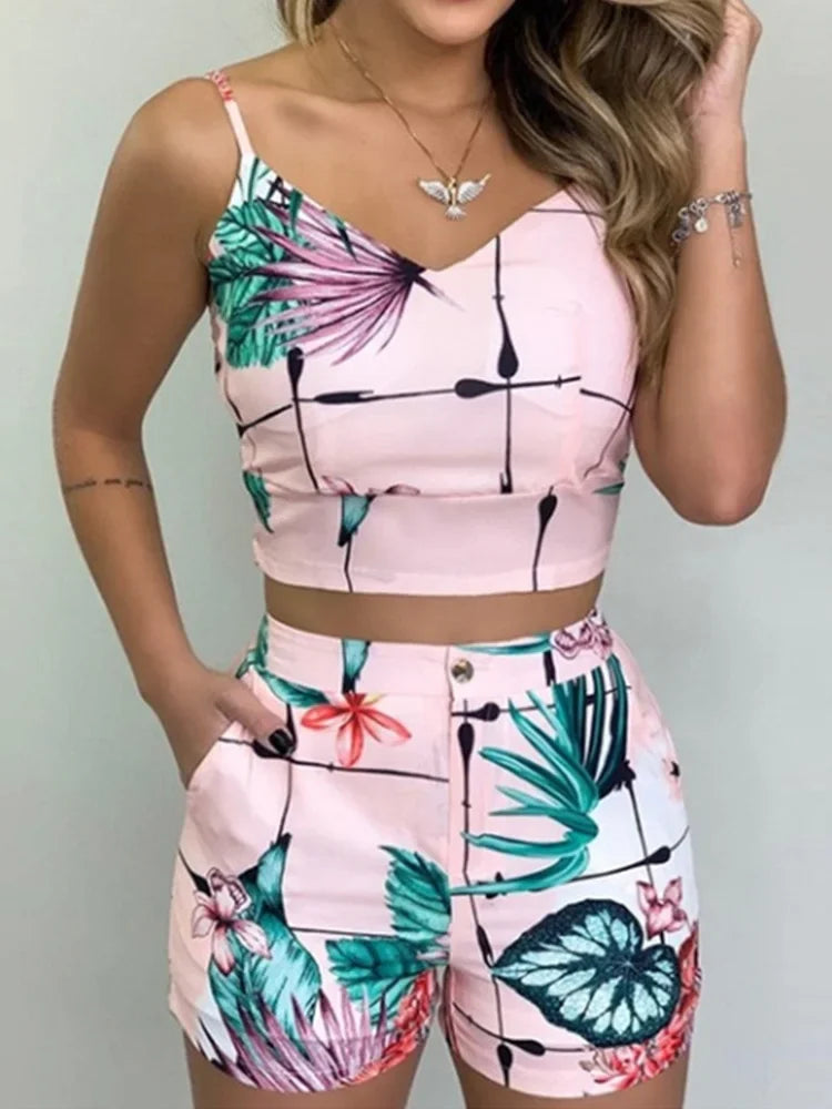 Print Spaghetti Strap Crop Top & Short Sets Casual Summer 2 Piece Outfits for Women