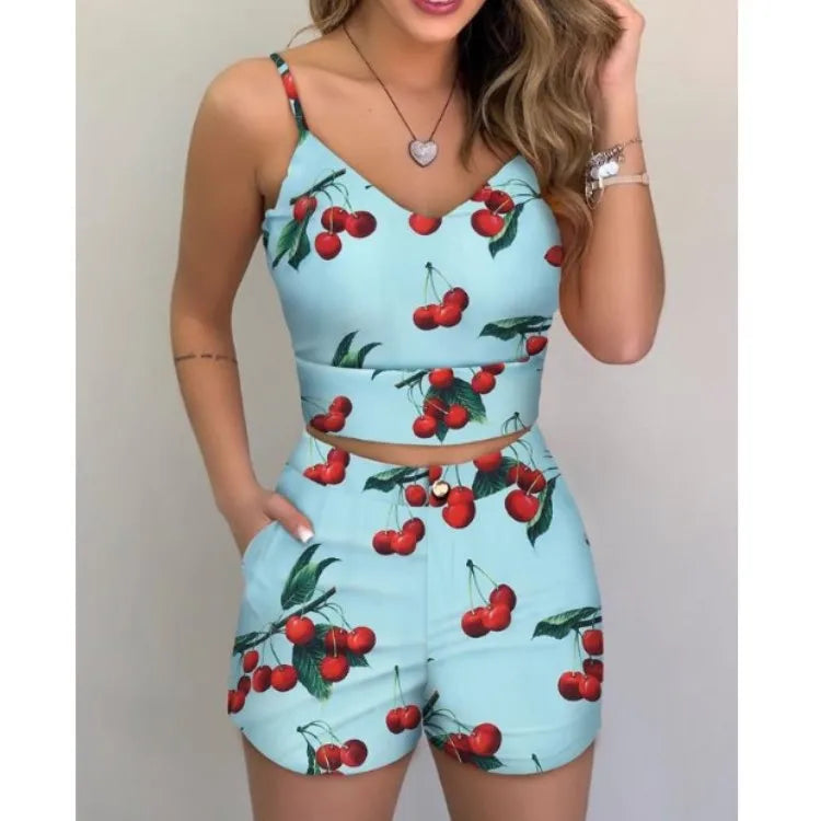 Two Pieces Suit Women's 2022 Summer Holiday Sleeveless Floral Print Top Pants Set Loungewear Shorts Casual Outfits With Belt