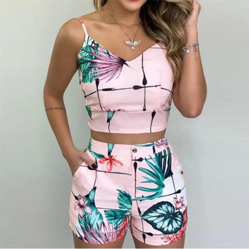 Two Pieces Suit Women's 2022 Summer Holiday Sleeveless Floral Print Top Pants Set Loungewear Shorts Casual Outfits With Belt