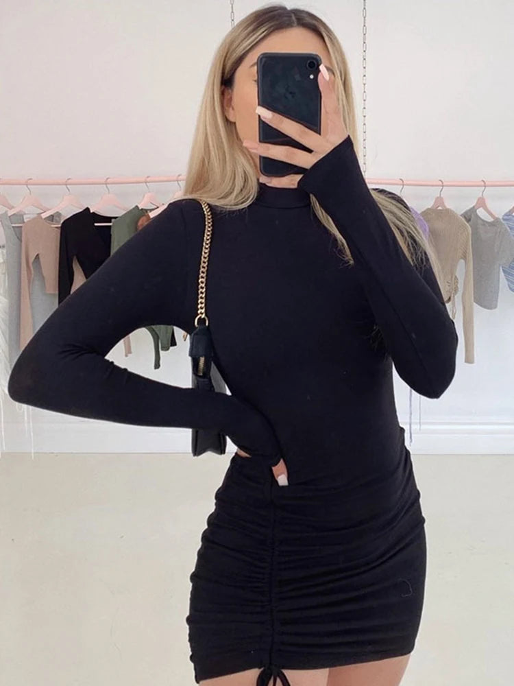 Long Sleeve Ruched Bodycon Dress Women Turtleneck Bandage Mini Dresses Autumn Black Skinny Stretchy Party Vestidos