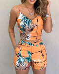 Two Pieces Suit Women's 2022 Summer Holiday Sleeveless Floral Print Top Pants Set Loungewear Shorts Casual Outfits With Belt